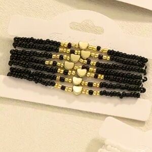 Boho Chic 7 Piece Black and Gold Beaded Bracelets with Gold Heart